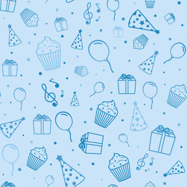 Birthday elements in blue color. Gift, cupcake, balloon, cap and musical notes on a blue background. Vector seamless pattern. balloon patterns stock illustrations