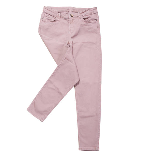 istock Female pants, light pink denim pants top view isolated on white background, folded slim pants 1226273758