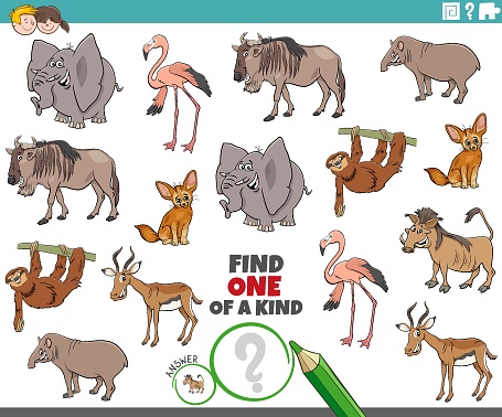 One Of A Kind Task For Children With Wild Animals Stock Illustration -  Download Image Now - Elephant, Activity, Animal - iStock