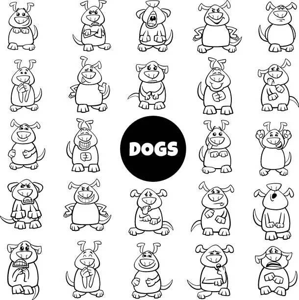 Vector illustration of black and white cartoon dog characters emotions big set