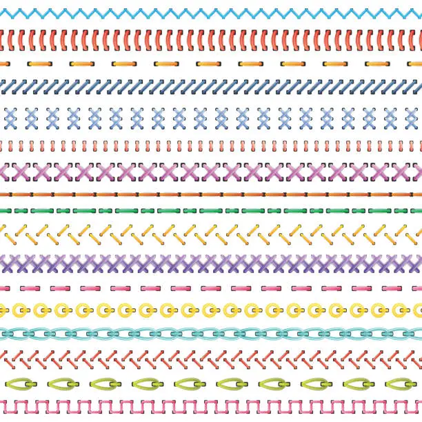 Vector illustration of Set of colored stiches . Vector seamless rows