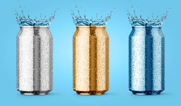 istock Wet metallic aluminium tin cans with splash drops for beer drink. Illustration. 1226279697