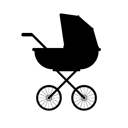 Vector black baby pram silhouette isolated on white background