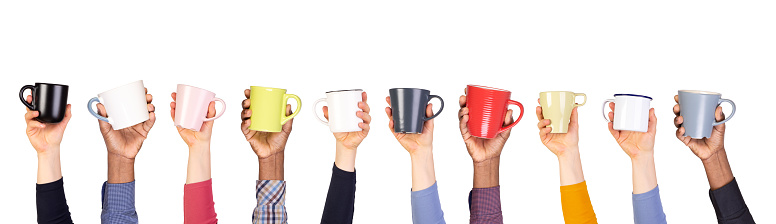 Cups and mugs in hands isolated on white background