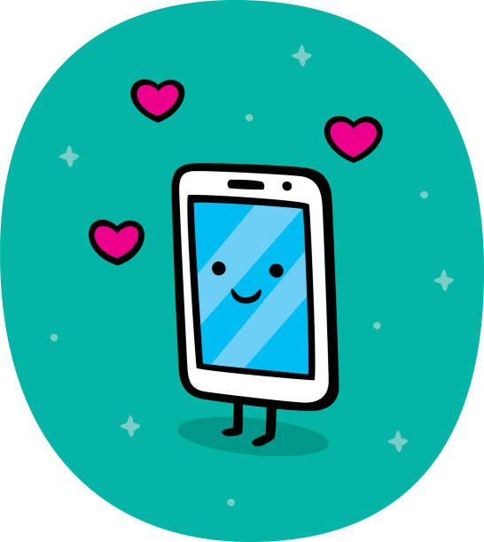 Smartphone in Love Doodle Vector illustration of a hand drawn smartphone with hearts against a teal background. follow up stock illustrations