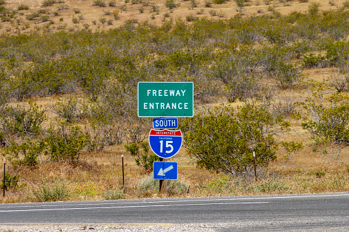 Freeway Entrance South Interstate 15 Signage in the Mojave Desert in California