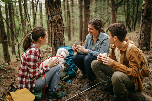 Madre con niños relajándose en el bosque photo