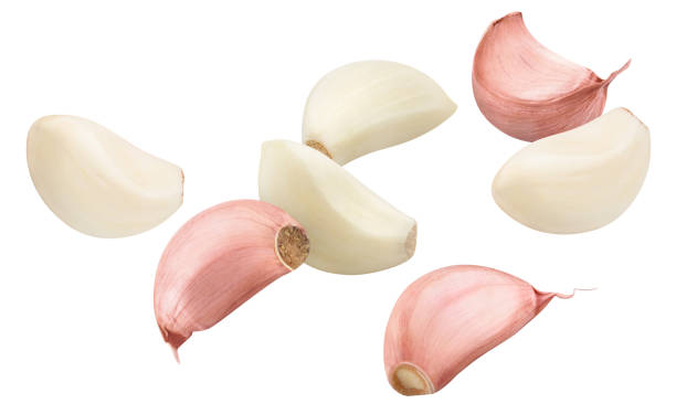 istock Flying garlic cloves on white 1226286203