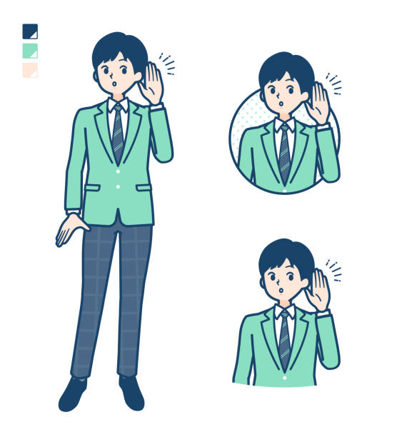 ilustrações de stock, clip art, desenhos animados e ícones de simple school boy green blazer_listening - manga style cute gossip computer icon
