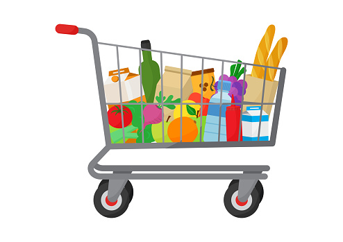 Grocery purchase. Shopping trolley cart full products. Foods and drinks, vegetables and fruits. Vector illustration