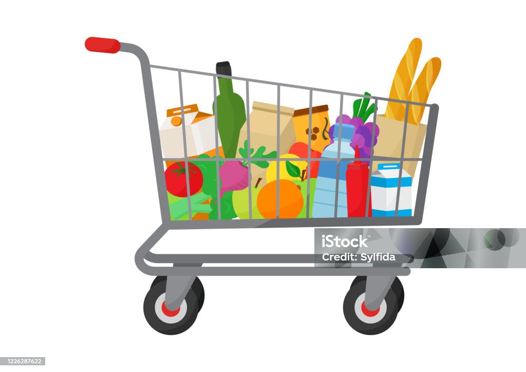 Grocery Purchase Shopping Trolley Cart Full Products Foods And Drinks  Vegetables And Fruits Vector Stock Illustration - Download Image Now -  iStock