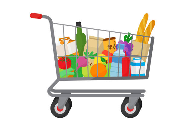 Grocery purchase. Shopping trolley cart full products. Foods and drinks, vegetables and fruits. Vector Grocery purchase. Shopping trolley cart full products. Foods and drinks, vegetables and fruits. Vector illustration cart illustrations stock illustrations