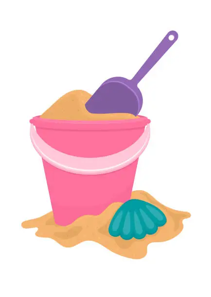 Vector illustration of Bucket full of sand witj shovel and shell toy