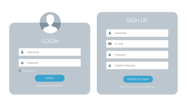 ilustrações, clipart, desenhos animados e ícones de formulário de inscrição e página de formulário de login. - interface icons push button web page internet