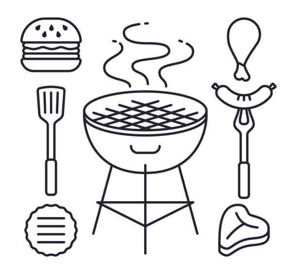 ilustrações de stock, clip art, desenhos animados e ícones de grilling line symbols - grilled chicken barbecue chicken chicken leg chicken