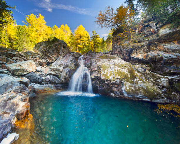 Waterfall in the Alps in the province of Morteratsch, near the famous railway. Autumn trees over the stormy water of a mountain river.