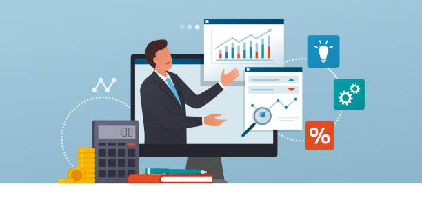Business management online courses and consulting Business management online courses and consulting: executive connecting online and analyzing financial charts seminar stock illustrations