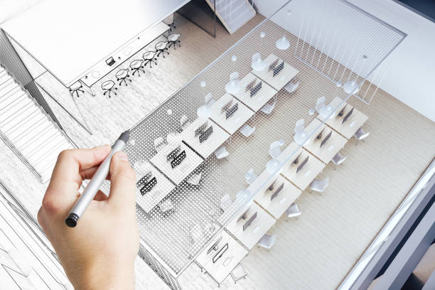 istock Top view of hand drawing coworking office interior 1226292141