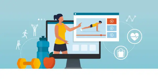 Vector illustration of Fitness trainer online