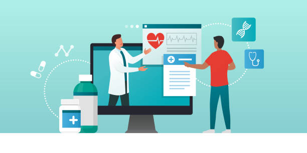 Online medical consultation and prescription medicine Online medical consultation and prescription medicine: professional doctor connecting and giving a consultation for a patient, telemedicine concept medicare icons stock illustrations