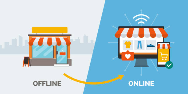 Retail offline to online and successfull business Retail offline to online: convert your shop to a successful e-commerce online accessible on computer and smartphone selling illustrations stock illustrations