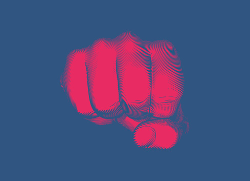 Bright red vintage engraved drawing hand fist punching gesture toward camera vector illustration isolated on deep blue background