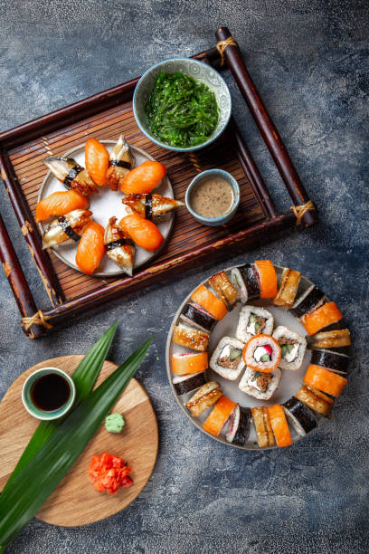 istock Sushi and rolls sets. Japonese food. top view 1226300031