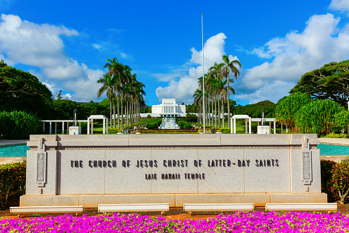 Laie, Oahu, Hawaii - November 03, 2019: Laie Hawaii Temple on Oahu. The temple was the first temple built by the LDS Church outside the contiguous United States