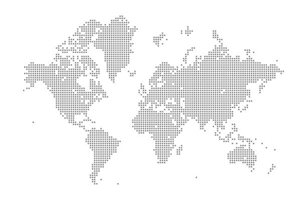 Square World Map This vector illustration uses squares to create a detailed world map. The EPS 10 file is easy to colour and customise if required and can be scaled to any size without loss of quality, making it an ideal design element for your project. global communications white stock illustrations