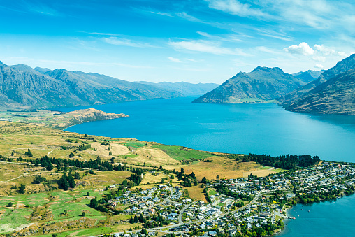 View of Lake Wakatipu and Queenstown, taken from a light aircraft while flying from Queenstown to Milford Sound in New Zealand