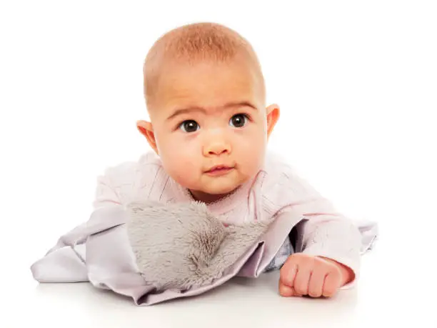 A four month old Japanese-American baby portrait on a white background.