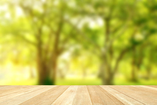 istock Empty top wooden table on blurred beautiful nature with green trees in park 1226317335