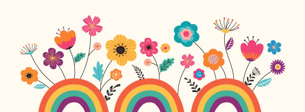 illustrations, cliparts, dessins animés et icônes de bonjour l’été, la conception de bannière avec des fleurs et des arcs-en-ciel. illustration de vecteur - butterfly backgrounds seamless pattern
