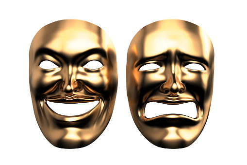 3d rendering Golden Drama and Comedy Masks isolated clipping mask on White stock photo