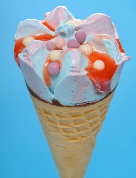 istock angle view fresh marshmallow and raspberry flavor ice cream cone on blue background 1226320106