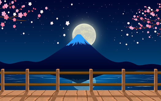 view of fuji mountain at the river in the night