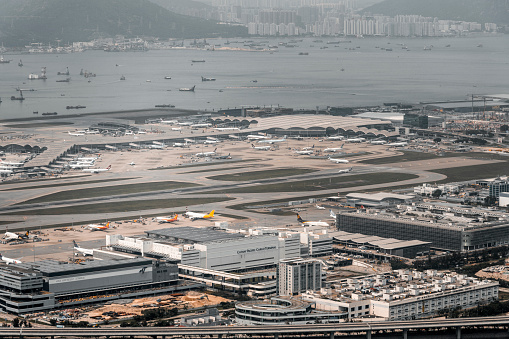 Aerial View of Hong Kong International Airport in Chek Lap Kok, Hong Kong, China. The airport is currently the world's busiest cargo gateway and one of the world's busiest passenger airports.