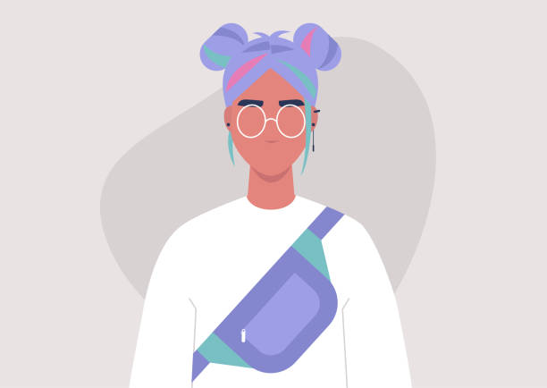 ilustraciones, imágenes clip art, dibujos animados e iconos de stock de un retrato de una joven con estilo con un pelo colorido, moda estilo callejero - gen z