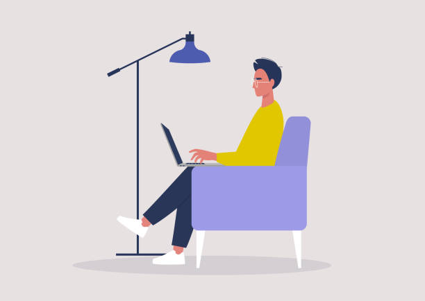 Young male character working on a laptop from home, social distancing, remote office Young male character working on a laptop from home, social distancing, remote office gen z stock illustrations