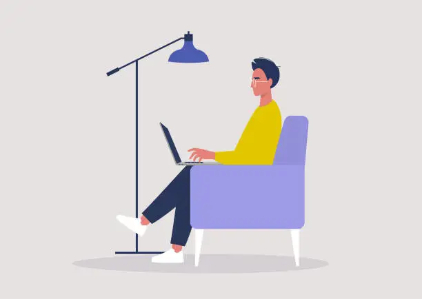 Vector illustration of Young male character working on a laptop from home, social distancing, remote office