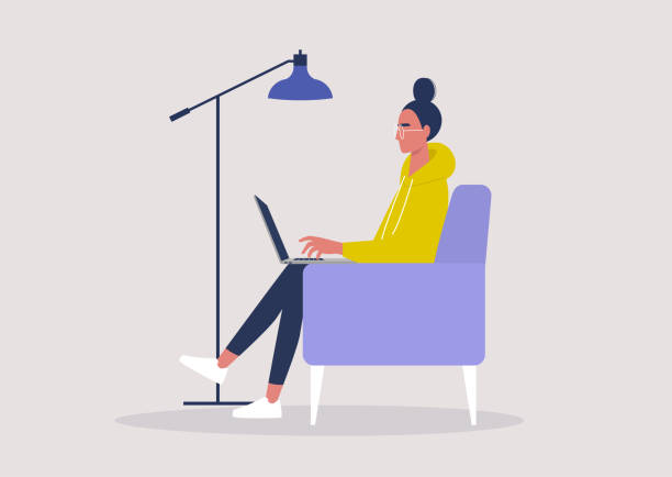 집에서 노트북에서 일하는 젊은 여성 캐릭터, 사회적 거리, 원격 사무실 - working at home women house computer stock illustrations