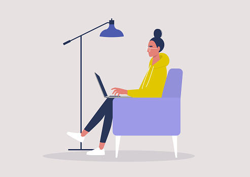 Young female character working on a laptop from home, social distancing, remote office