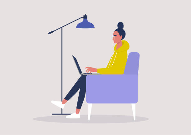 Young female character working on a laptop from home, social distancing, remote office Young female character working on a laptop from home, social distancing, remote office home office chair stock illustrations