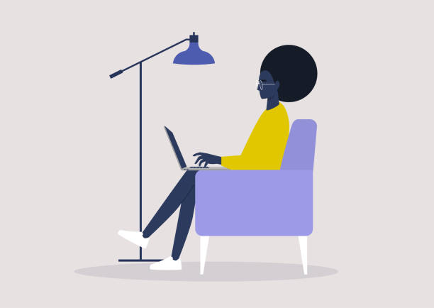 Young black female character working on a laptop from home, social distancing, remote office Young black female character working on a laptop from home, social distancing, remote office typing illustrations stock illustrations