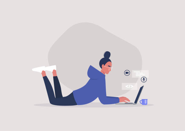 Young female character lying on the floor and typing on a laptop, working from home concept Young female character lying on the floor and typing on a laptop, working from home concept woman laptop stock illustrations