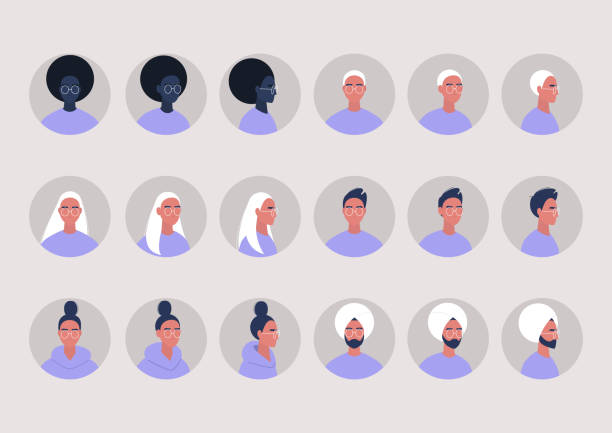 ilustraciones, imágenes clip art, dibujos animados e iconos de stock de un conjunto de avatares de usuarios, equilibrio de género y diversidad étnica, millennials, diseño de personajes - different angles