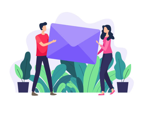 Vector illustration Men and women carry large letter Email concept illustration, Subscribe to newsletters, Email marketing businesses. Vector in flat style large envelope stock illustrations