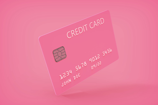 3d rendering pink credit card mock-up template. stock photo