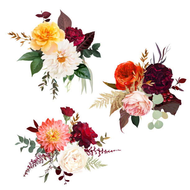 ilustrações de stock, clip art, desenhos animados e ícones de moody boho chic wedding vector bouquets. - flower bouquet