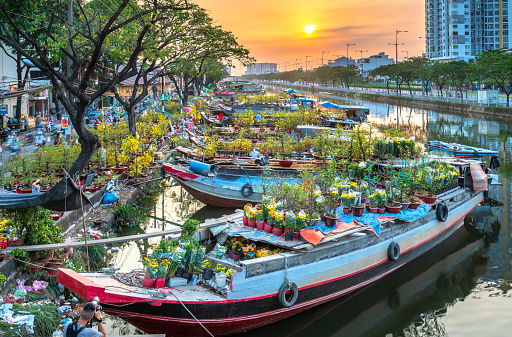 Ho Chi Minh City, Vietnam - January 19th, 2020: Flower boats full of flowers parked along canal wharf in sunset, a place for bustling flower market trade lunar new year in Ho Chi Minh City, Vietnam